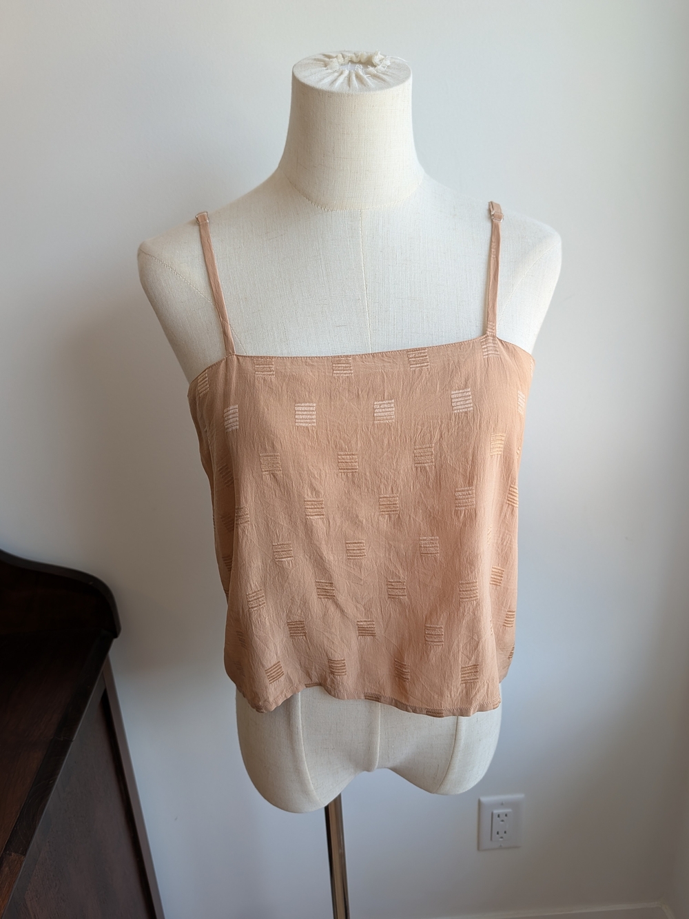 Vintage Silk Peach-Beige Textured Square-Neck Camisole